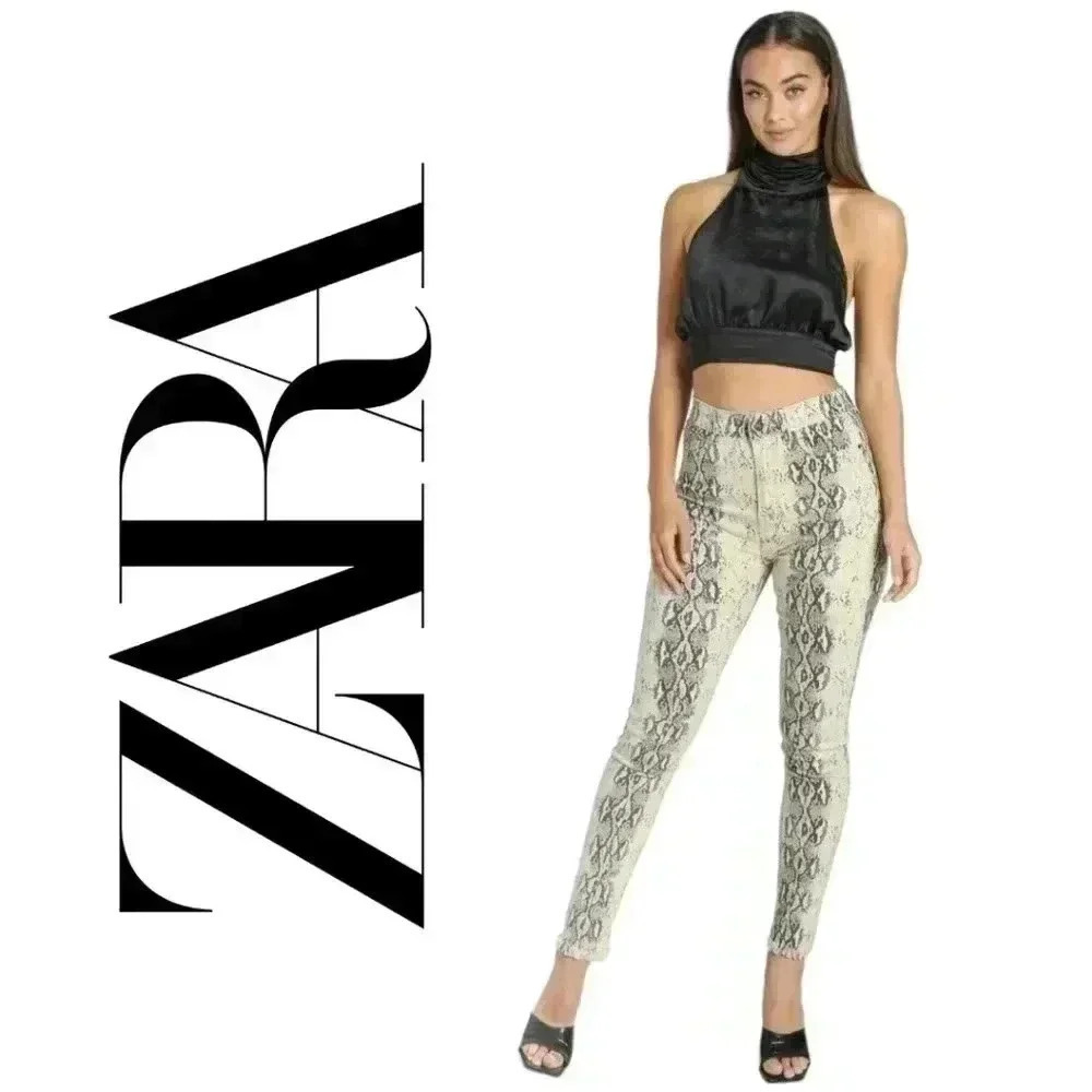 Zara Snake Skin Print High Rise High Waisted Raw Hem Skinny Jeans Size 6